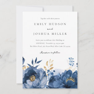 Dusky Blue Gold Floral Wedding Invitation