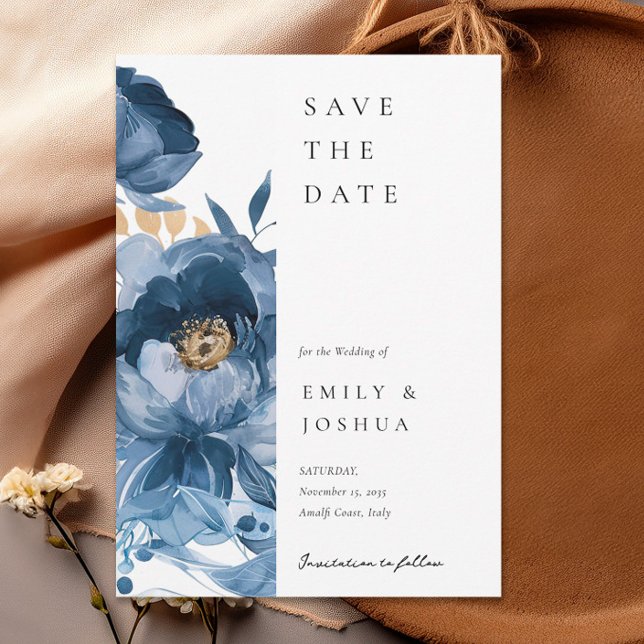 Dusky Blue Gold Floral Wedding Save The Date (Creator Uploaded)