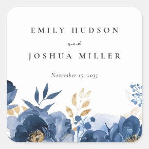 Dusky Blue Gold Floral Wedding Square Sticker