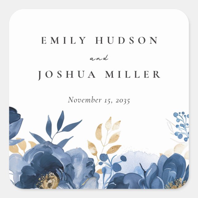 Dusky Blue Gold Floral Wedding Square Sticker (Front)