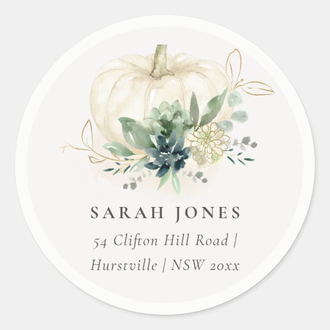 Dusky Blue Green Gold Succulent Pumpkin Address Classic Round Sticker (Front)