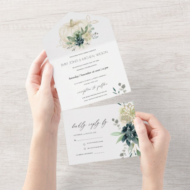 Dusky Blue Green Gold Succulent Pumpkin Wedding  All In One Invitation (Tearaway)