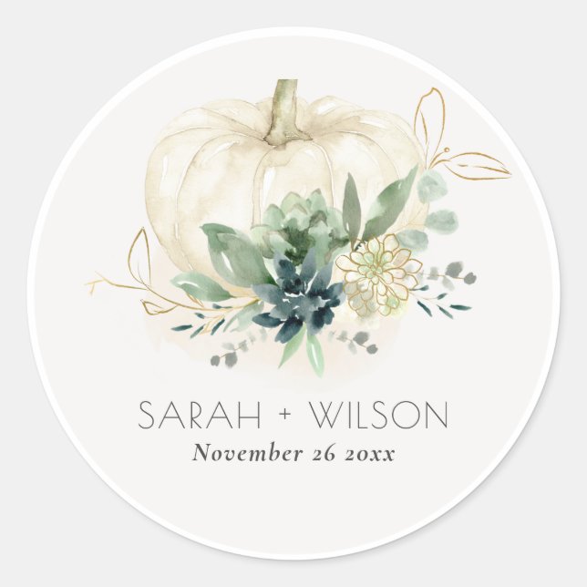 Dusky Blue Green Gold Succulent Pumpkin Wedding  Classic Round Sticker (Front)