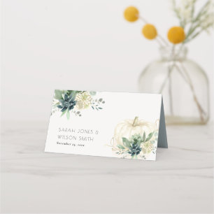 Dusky Blue Green Gold Succulent Pumpkin Wedding  Place Card
