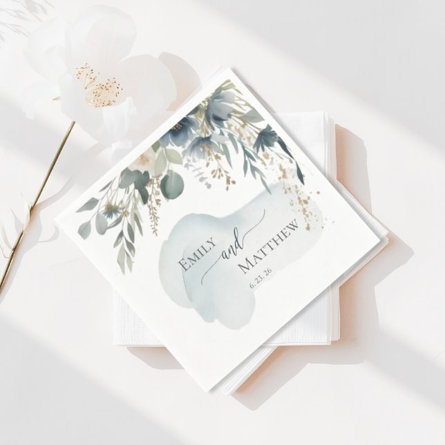 Dusky Blue Greenery Wedding Napkin (Creator Uploaded)
