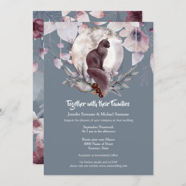 Dusky blue grey slate black cat moon watercolor invitation (Front/Back)
