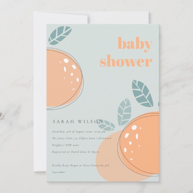 Dusky Blue Orange Fruity Bold Baby Shower Invitation (Front)