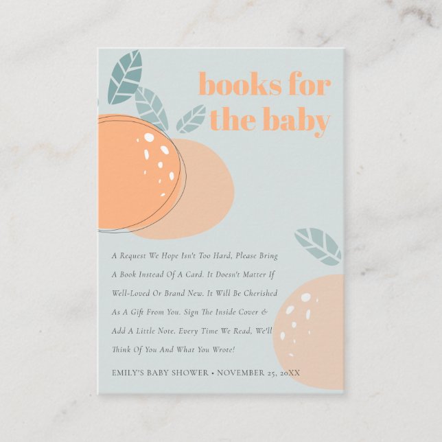 Dusky Blue Orange Fruity Books For Baby Shower Enclosure Card (Front)