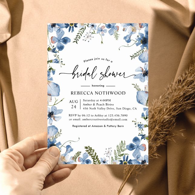 Dusky Blue Pressed Floral Botanical Bridal Shower Invitation (Creator Uploaded)