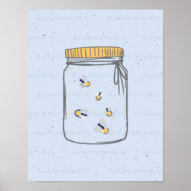 Dusky Blue Rough Sketch Fireflies in Mason Jar Poster (Front)