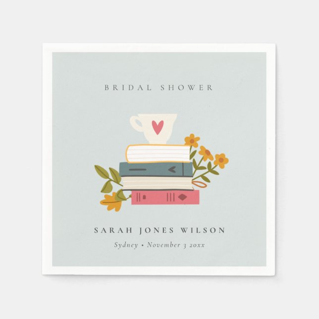 Dusky Blue Stacked Storybooks Floral Bridal Shower Napkin (Front)