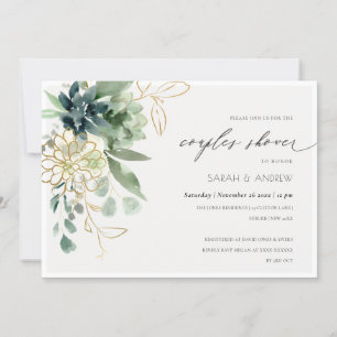 Dusky Blue Succulent Foliage Couples Shower Invite