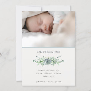Dusky Blue Succulent Photo Baby Birth Announcement