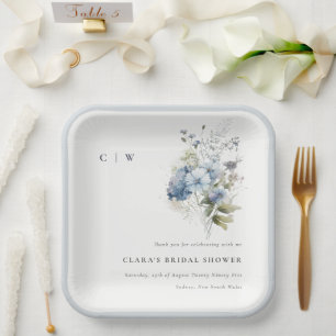 Dusky Blue Watercolor Cottage Floral Bridal Shower Paper Plate