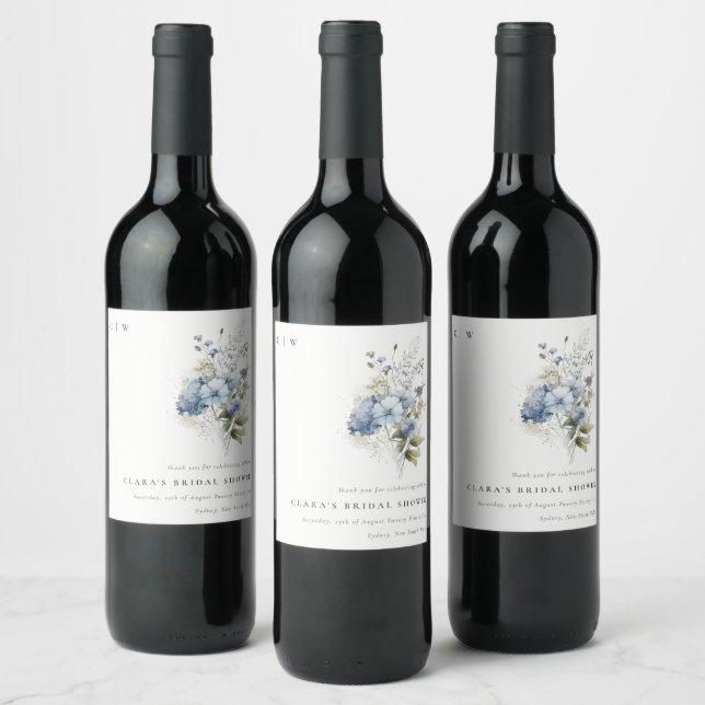 Dusky Blue Watercolor Cottage Floral Bridal Shower Wine Label (Bottles)