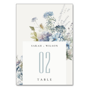 Dusky Blue Watercolor Cottage Floral Wedding Table Number