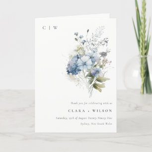 Dusky Blue Watercolor Cottage Floral Wedding Thank You Card