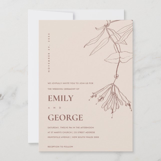 DUSKY BLUSH LINE DRAWING FLORAL WEDDING INVITE (Front)