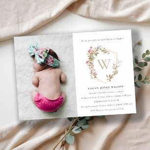 Dusky Blush Pink Wildflower Crest Photo Baptism Invitation
