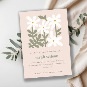 Dusky Blush Retro Minimal Floral Birthday Invitation