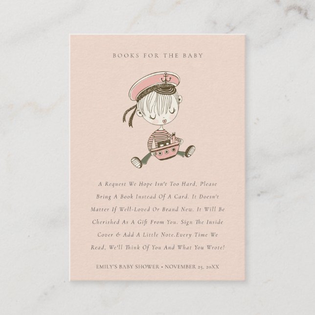 Dusky Blush Sailor Nautical Books For Baby Shower Enclosure Card (Front)