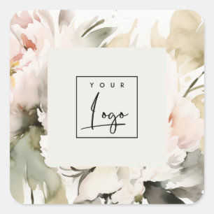 Dusky Blush Watercolor Peony Floral Logo Business Square Sticker