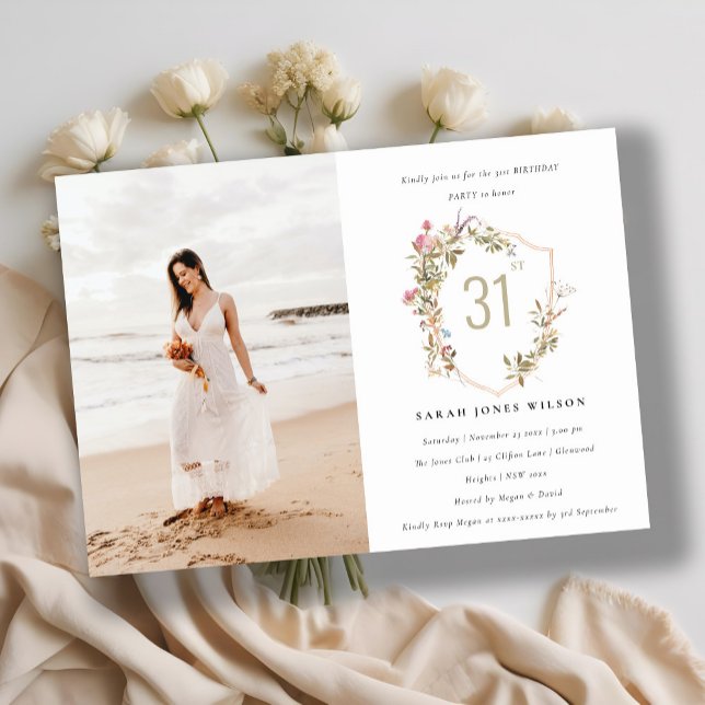 Dusky Blush Wildflower Crest Photo Birthday  Invitation (Creator Uploaded)