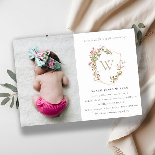 Dusky Blush Wildflower Crest Photo Christening Invitation