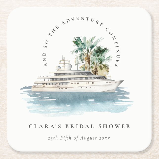 Dusky Cruise Ship Palm Seascape Bridal Shower Square Paper Coaster (Front)