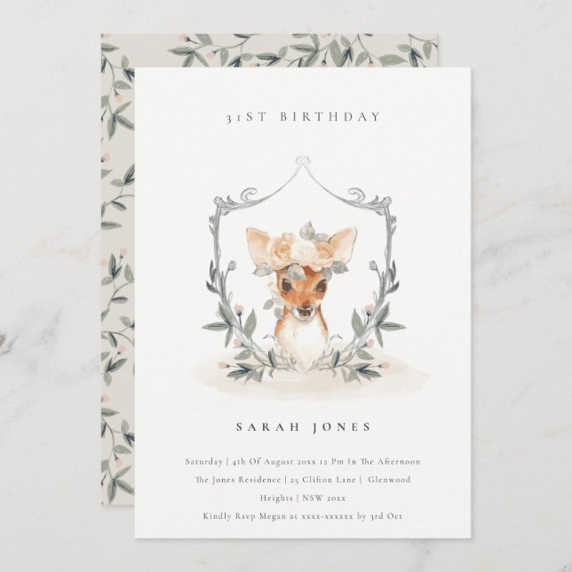 Dusky Deer Floral Crest Any Age Birthday Invite (Front/Back)
