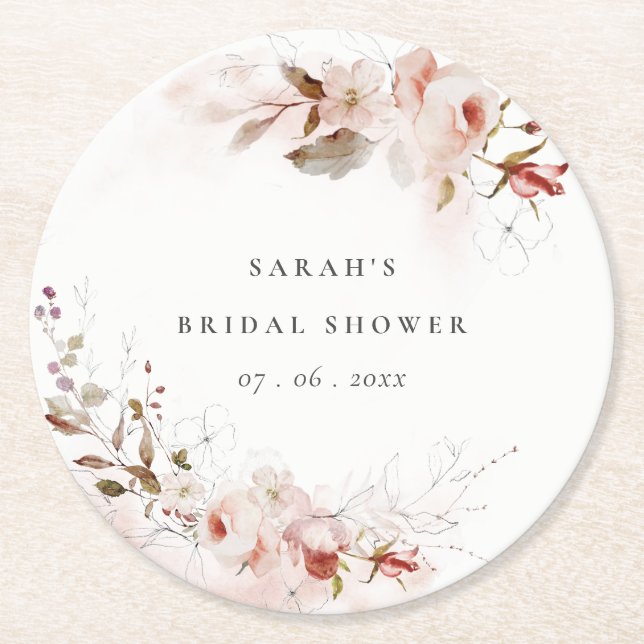 Dusky Fall Marsala Blush Floral Bridal Shower Round Paper Coaster (Front)