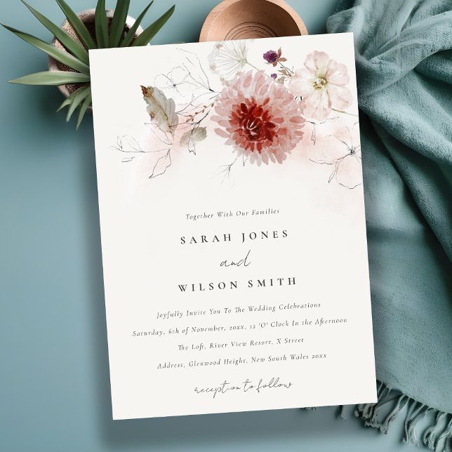 Dusky Fall Marsala Blush Floral Watercolor Wedding Invitation (Creator Uploaded)