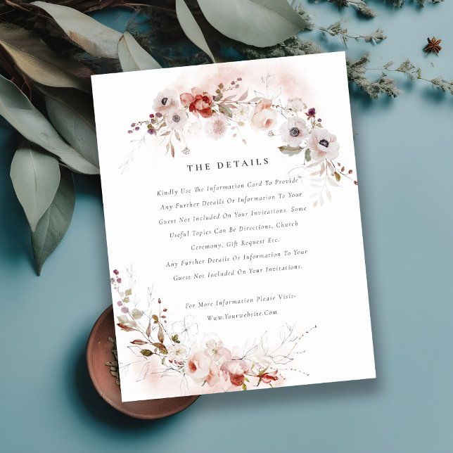 Dusky Fall Marsala Blush Floral Wedding Details Enclosure Card (Creator Uploaded)