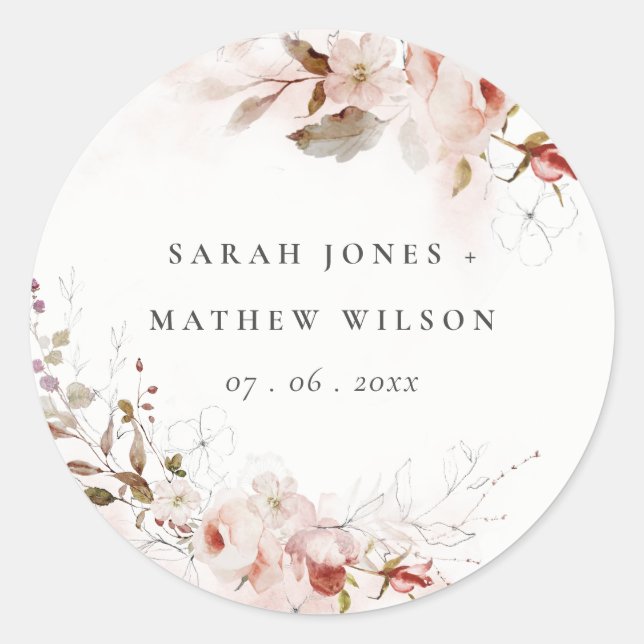Dusky Fall Marsala Blush Floral Wreath Wedding Classic Round Sticker (Front)