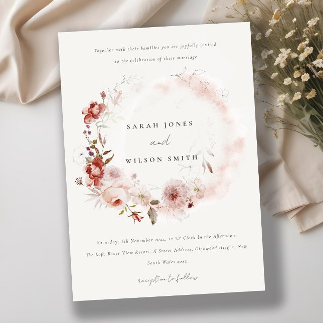 Dusky Fall Marsala Blush Floral Wreath Wedding Invitation (Creator Uploaded)