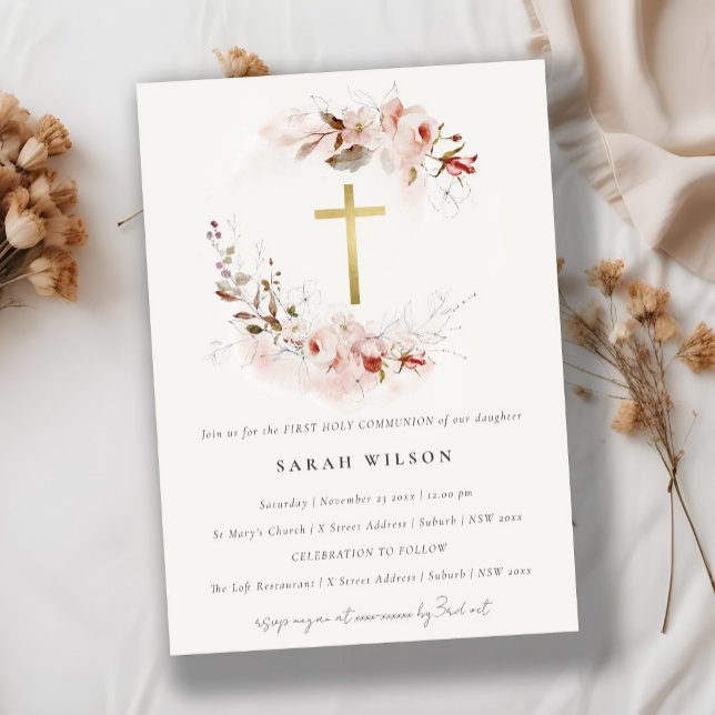 Dusky Fall Marsala Floral First Holy Communion  Invitation (Creator Uploaded)