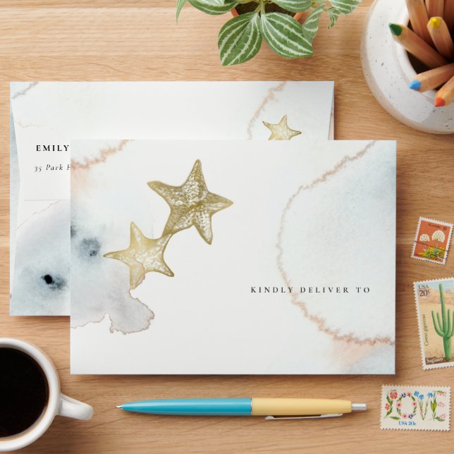 Dusky Gold Blue Beach Starfish Watercolor Address Envelope (Desk)
