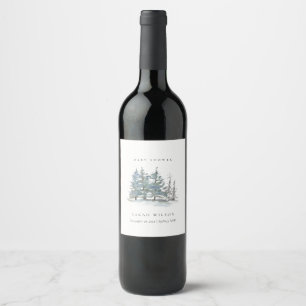 Dusky Green Blue Pine Tree Woods Baby Shower Wine Label