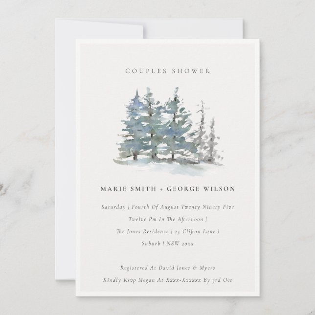 Dusky Green Blue Pine Woods Couples Shower Invite (Front)
