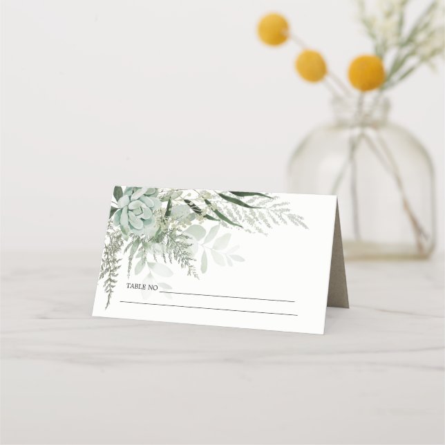 Dusky Green Leafy Fern Succulent Foliage Wedding Place Card (Back)