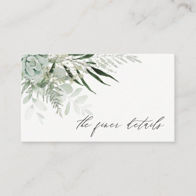 Dusky Green Leafy Fern Succulent Wedding Details Business Card (Front)
