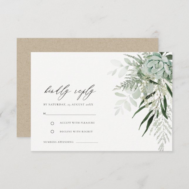 Dusky Green Leafy Fern Succulent Wedding RSVP Enclosure Card (Front/Back)