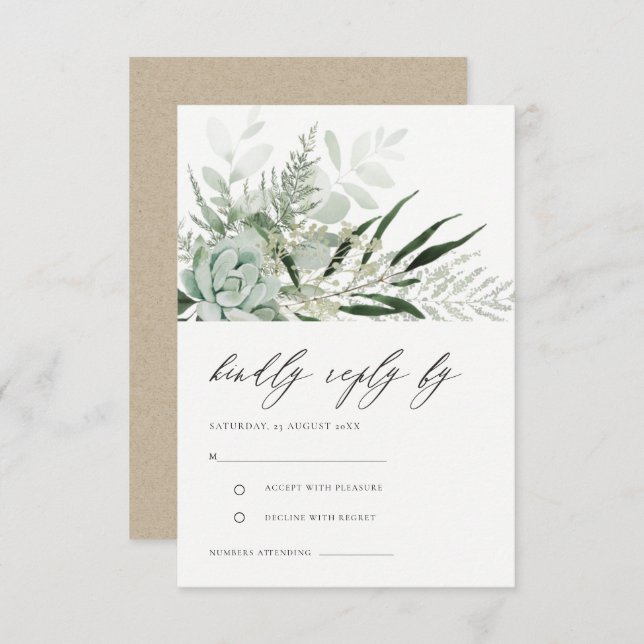Dusky Green Leafy Fern Succulent Wedding RSVP Enclosure Card (Front/Back)
