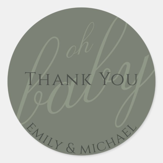 Dusky Green Sage Thank You Baby Shower Modern Classic Round Sticker (Front)