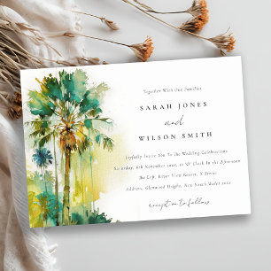 Dusky Green Tropical Watercolor Palm Trees Wedding Invitation