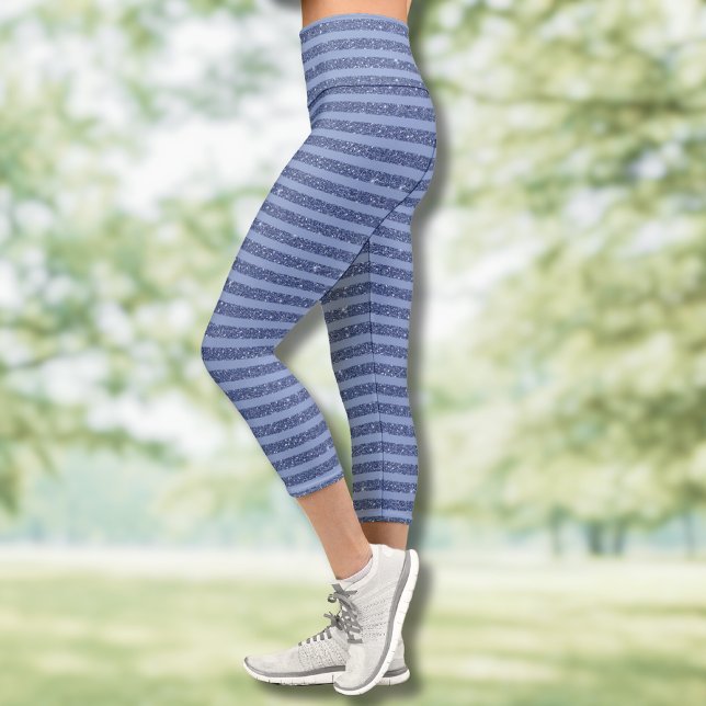 Dusky Indigo Glitter Style Horizontal Stripes Capri Leggings (Creator Uploaded)