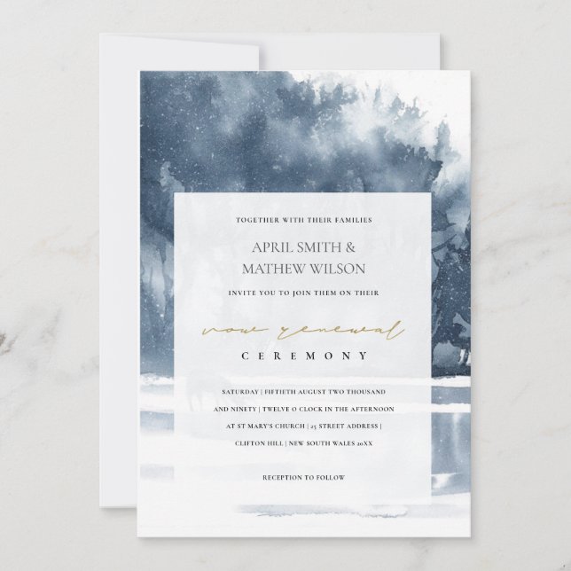 DUSKY INK BLUE FOREST LAKE PINE VOW RENEWAL INVITE (Front)
