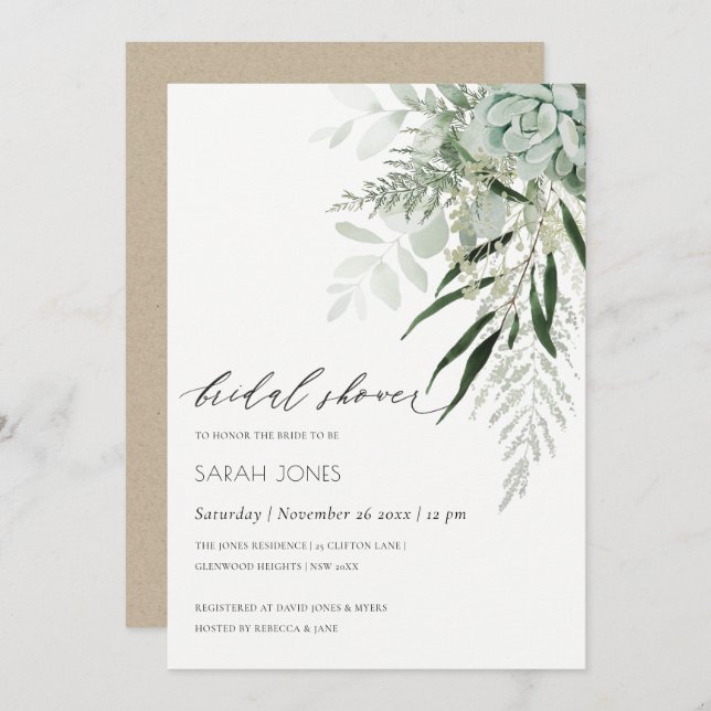 Dusky Leafy Fern Succulent Bridal Shower Invite (Front/Back)