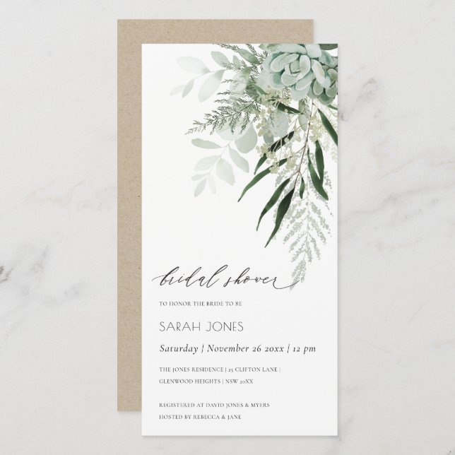 Dusky Leafy Fern Succulent Bridal Shower Invite (Front/Back)