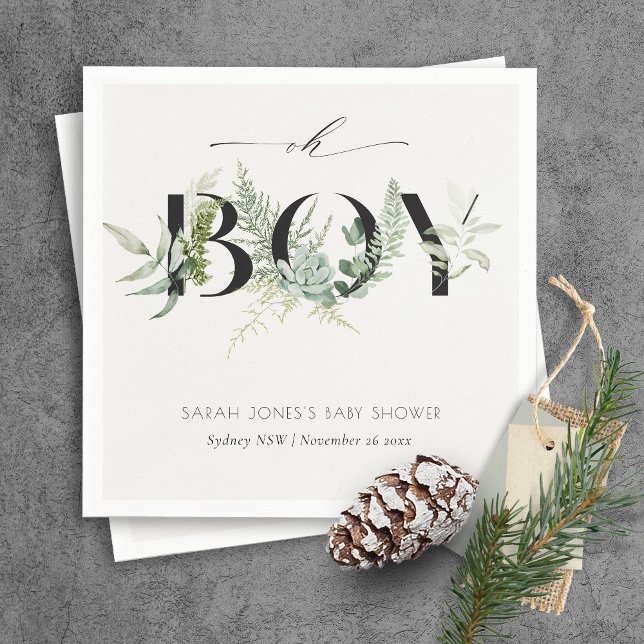 Dusky Leafy Fern Succulent Oh Boy Baby Shower Napkin (Creator Uploaded)